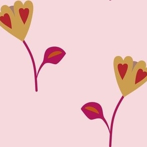 Flowers with red hearts on pink background