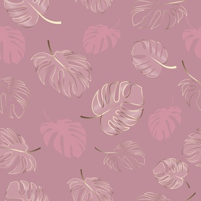 Minimalistic Pink Monstera Hand Drawn Leaves with the Golden Effect