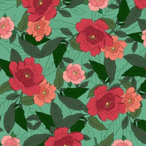 Pretty Peonies coral green large scale 24''