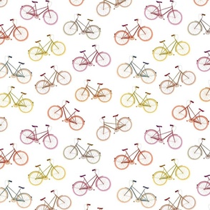 Medium | Scattered colourful fun bicycles on white/transparent - whiteness of the given fabric | Amsterdam bikes