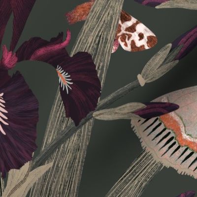 24' Dutch Iris flower & Moths | moody maximalism - magical garden | dark purple & cool army green / dark sage green | Jumbo