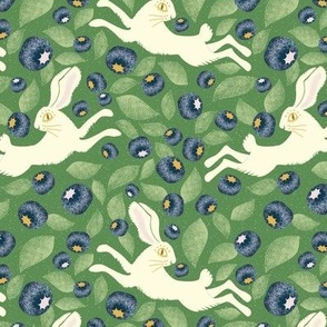 white bunnies leaping through the blueberry field on Kelly green | cream white, navy blue, mustard and blush pink on textured mid green / Kelly green | medium M
