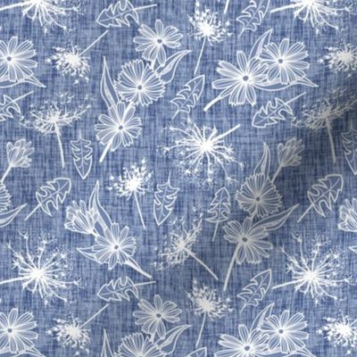 White Summer Weeds on Dusty Blue Woven Texture