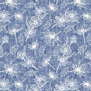 White Summer Weeds on Dusty Blue Woven Texture