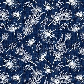 White Summer Weeds on Midnight Blue Woven Texture
