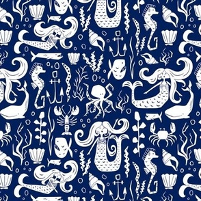 Under The Sea - Nautical Mermaid Navy Blue Small Scale