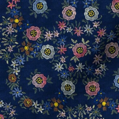 Modern embroidered flowers dark blue - S
