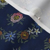 Modern embroidered flowers dark blue - S