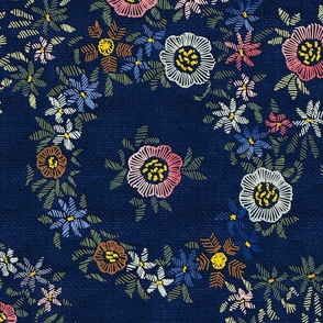 Modern embroidered flowers dark blue - M