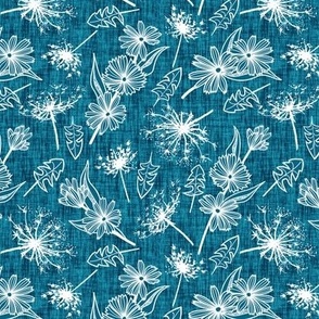 White Summer Weeds on Peacock Blue Woven Texture