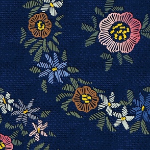 Modern embroidered flowers dark blue - L