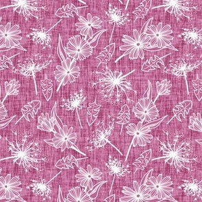 White Summer Weeds on Peony Pink Woven Texture