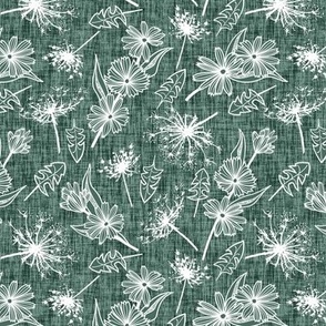 White Summer Weeds on Pine Green Woven Texture
