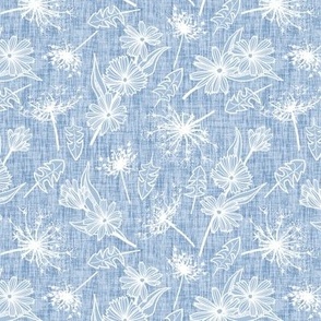 White Summer Weeds on Sky Blue Woven Texture