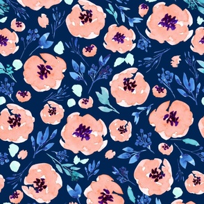 Primrose Peach Garden - Dark Blue Large Scale