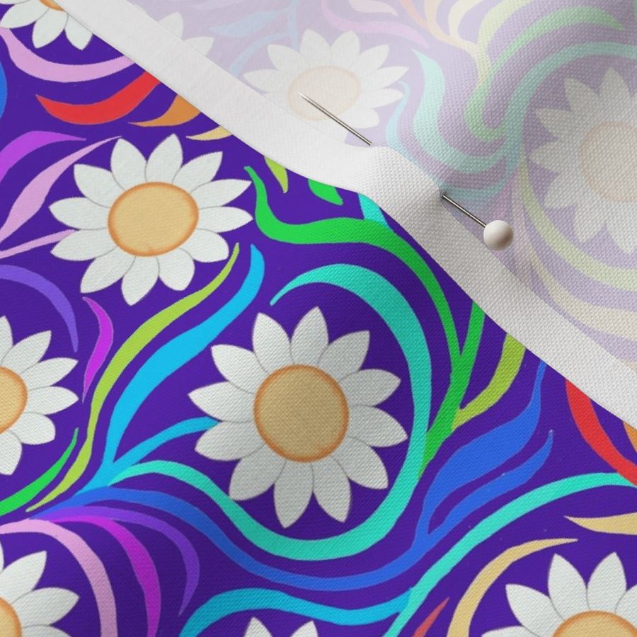 Daisies with rainbow leaves on indigo 