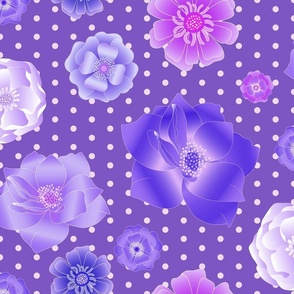 Blue Violet, Lavender and Lilac Flowers on Violet Dot Background