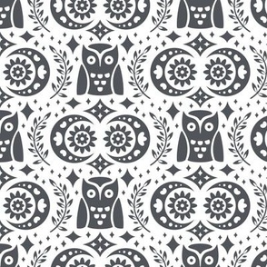 Folk Owls and Moons Charcoal on White