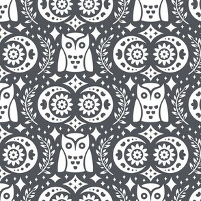 Folk Owls and Moons White on Charcoal