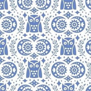 Folk Owls and Moons Blue on White