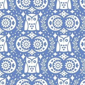 Folk Owls and Moons White on Blue