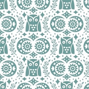 Folk Owls and Moons Green on White