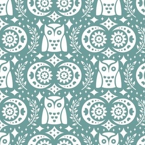 Folk Owls and Moons White on Green