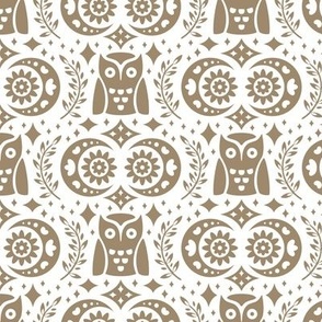 Folk Owls and Moons Brown on White