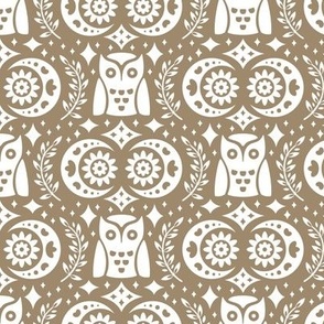 Folk Owls and Moons White on Brown