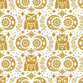 Folk Owls and Moons Gold on White