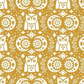 Folk Owls and Moons White on Gold