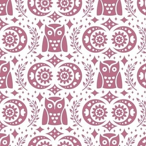 Folk Owls and Moons Pink on White