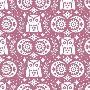 Folk Owls and Moons White on Pink