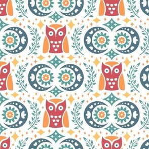 Folk Owls and Moons Green Red Orange