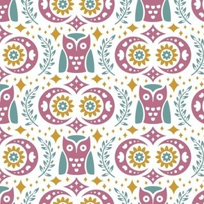 Folk Owls and Moons Pink Green Gold