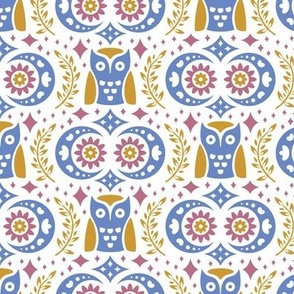 Folk Owls and Moons Blue Pink Gold