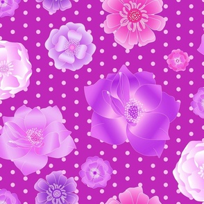 Flowers in Pink, Lilac and Lavender on Purple Background 