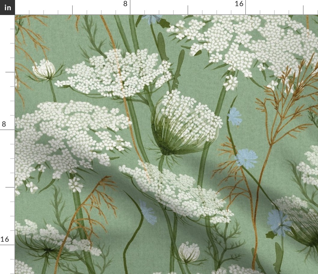 Large Emerald wallpaper Wild flowers Cottage Core Floral Queen Anne's lace, chicory and grasses on Kelly green dark , intheweedsdc , neutralbotanicalsdc , floral wallpaper, Kelly green, emerald, celadon, floral home decor