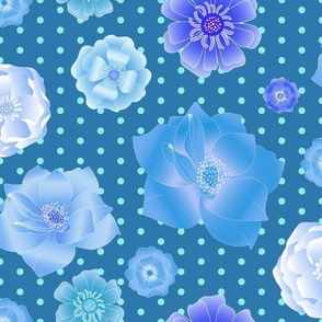 Flowers in Blue and Turquoise with Blue Dots on Turquoise Background