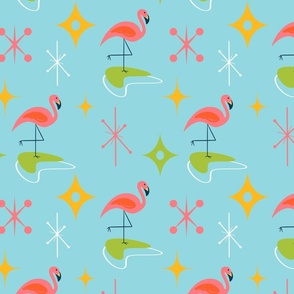 Mid-Century Modern Pink Flamingo with Retro Icons Repeating Pattern