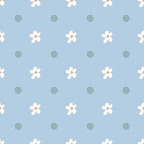 White Daisy Polka Dot on Blue Background