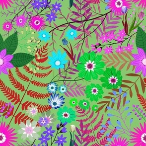 Colorful and Vibrant Floral Pattern on a Green Background