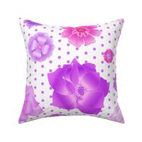 Flowers in Pink, Magenta and Lilac with Purple Dots on White Background