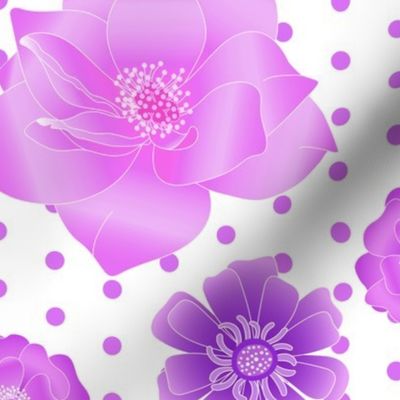 Flowers in Pink, Magenta and Lilac with Purple Dots on White Background