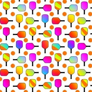 Multi-Colored, Colorful, Pickleball Paddles with Orange Pickleball Balls