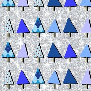 Blue Christmas Trees on Silver Glitter