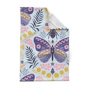 Folksy Butterfly Meets Bee // large // butterfly, bee, plants, nature, purple, yellow