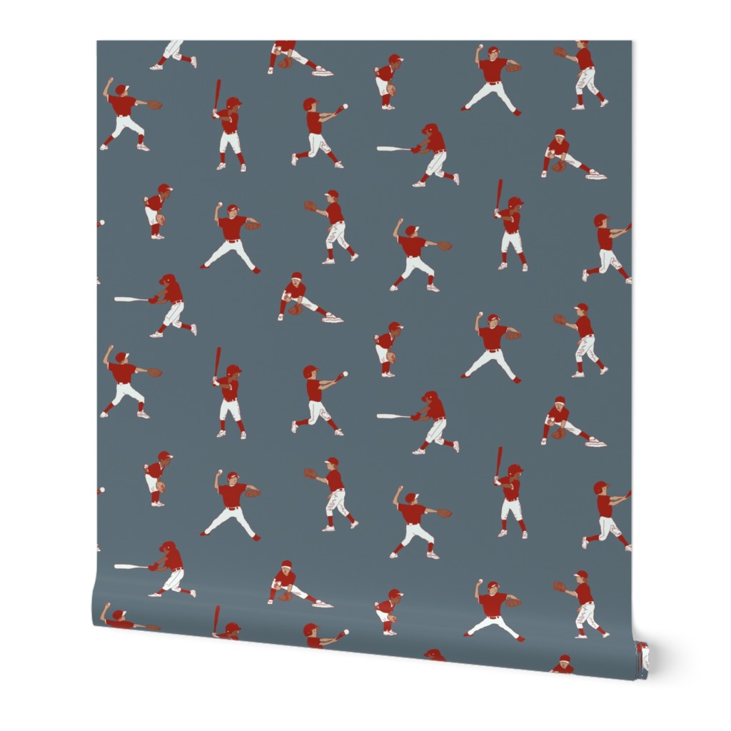 Large Little League Baseball Players, Red and White on Grey