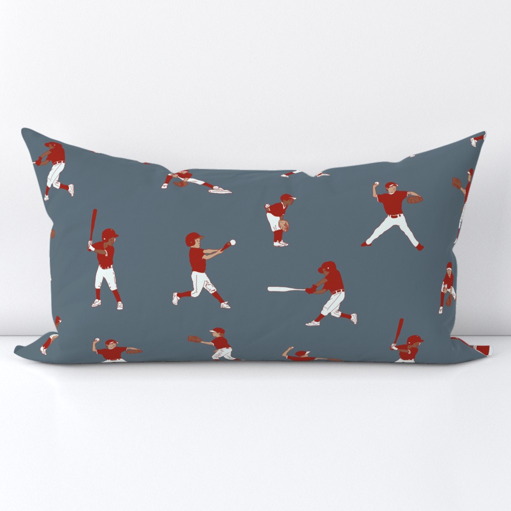 Large Little League Baseball Players, Red and White on Grey