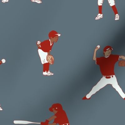 Large Little League Baseball Players, Red and White on Grey